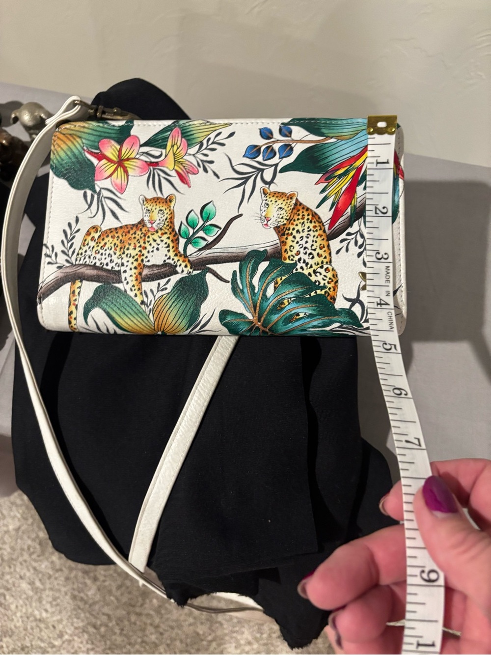 Hand Painted Anuschka White Floral & Leopard Crossbody Bag - Picture 2 of 10